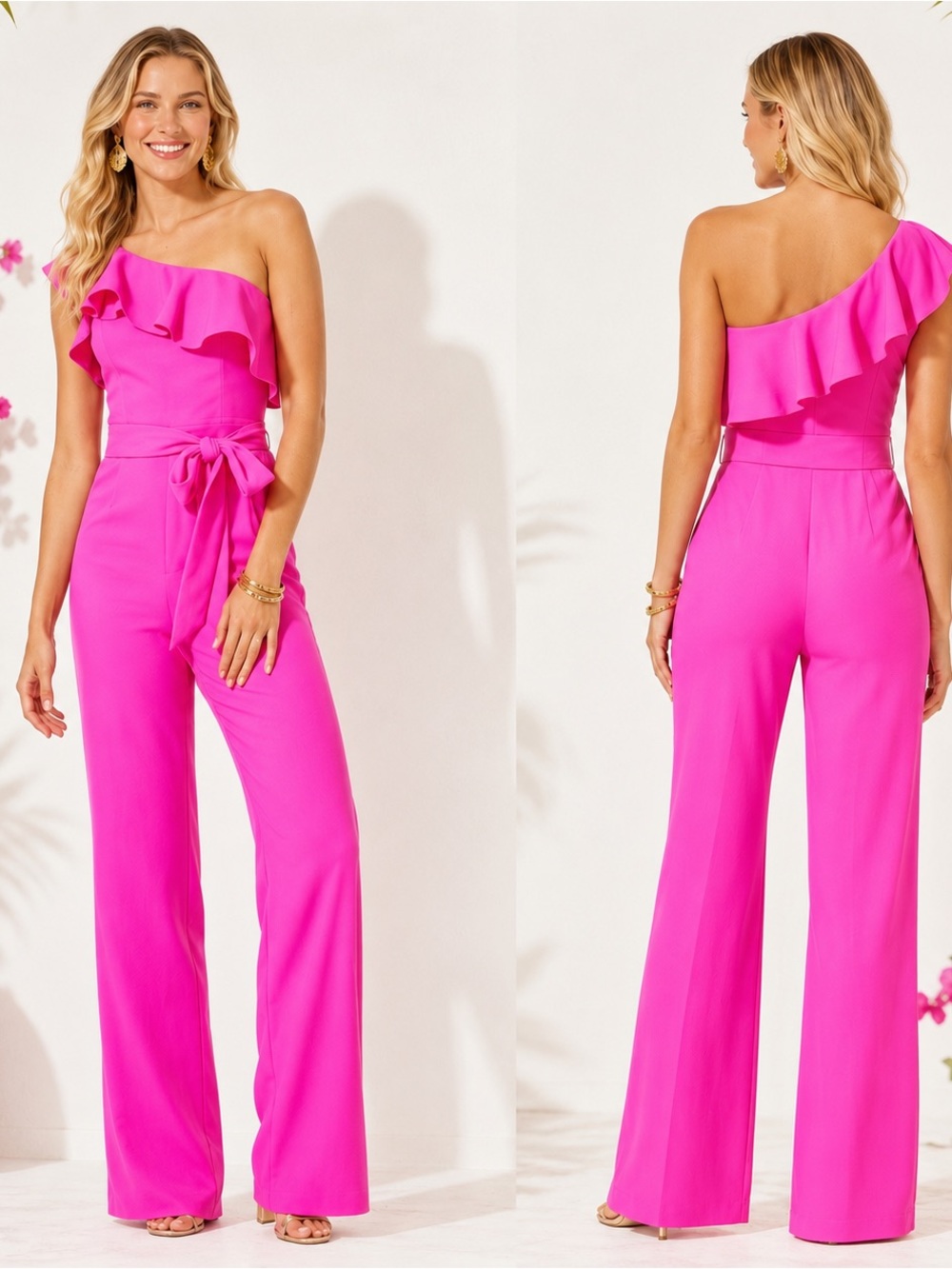 Lilly Pulitzer Hot Pink One-Shoulder Ruffle Jumpsuit Size 16 NWT